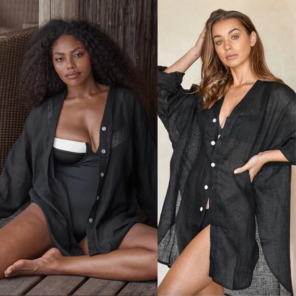 Monday SwimwearBarcelona Tunic Black Linen Cover Up Button Front Top M/L